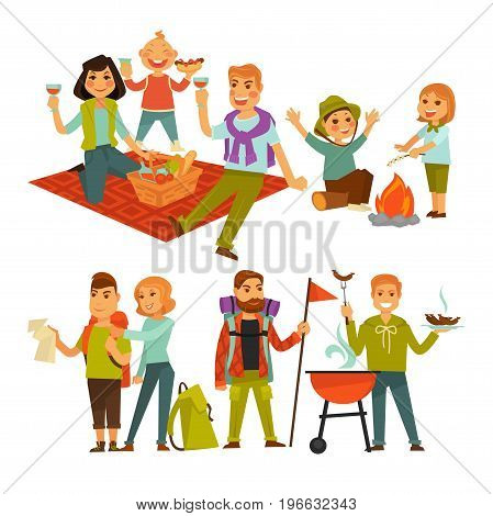 Family picnic or people on hiking trip and camping. Man, woman and children making barbecue grill outdoor on campfire. Vector flat icons of backpacks and tourist in nature for holiday weekend