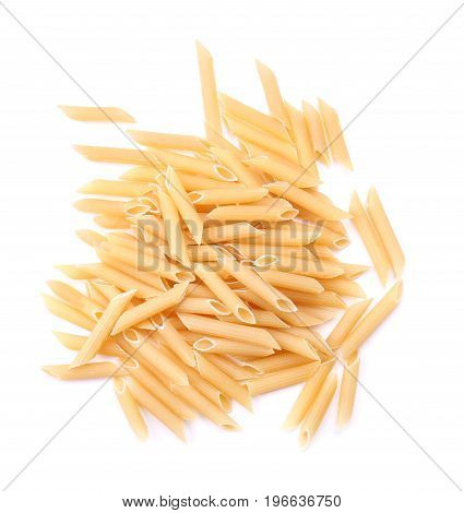 Close-up of macaroni, noodle, and spaghetti, isolated on a white background. Yellow dry pasta and spaghetti for Italian food ingredient. Organic, rigate, dry and yellow pasta. A lot of flour products.