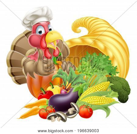 Thanksgiving golden horn of plenty cornucopia full of vegetables and fruit produce with cartoon turkey bird wearing a chef hat