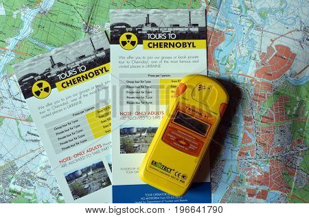 Illustrative Editorial.Comercial booklet of travel agency sugest tourism in Chernobyl Area.Tragedy as attraction.Kiev,Ukraine July 9, 2017