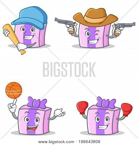 Set of gift character with baseball basketball cowboy boxing vector art