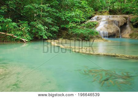 Level 1 Of Erawan Waterfall With Neolissochilus Stracheyi Fish In Kanchanaburi, Thailand
