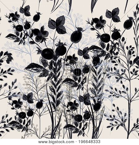 Elegant flower vector pattern with plants. Vintage provance style