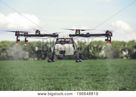 Drones spraying pesticides to grow potatoes. Industrial agriculture and smart farming concept.