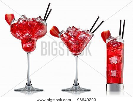 fresh fruit alcohol cocktail or mocktail in classic glass with red beverage and ice cubes isolated on white background