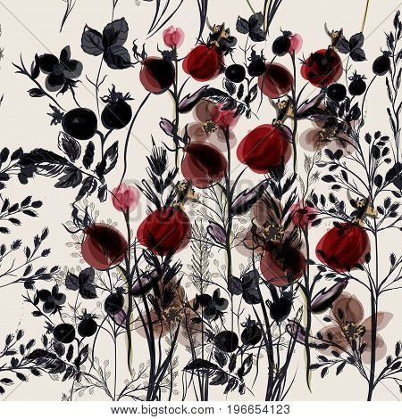 Flower vector pattern with plants. Vintage provance style for design