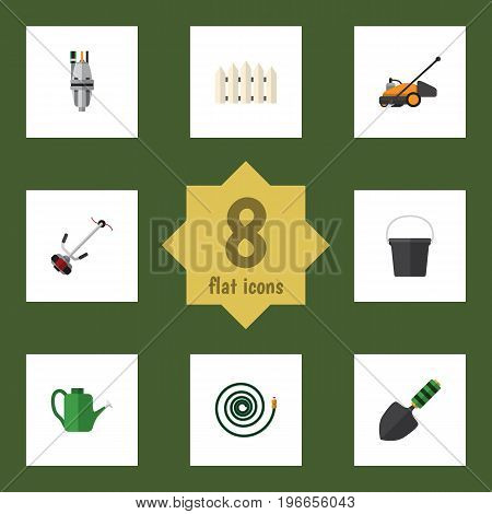 Flat Icon Dacha Set Of Wooden Barrier, Grass-Cutter, Trowel And Other Vector Objects