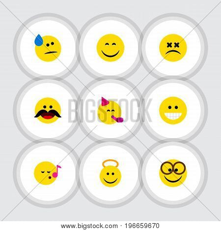 Flat Icon Expression Set Of Party Time Emoticon, Descant, Cheerful And Other Vector Objects