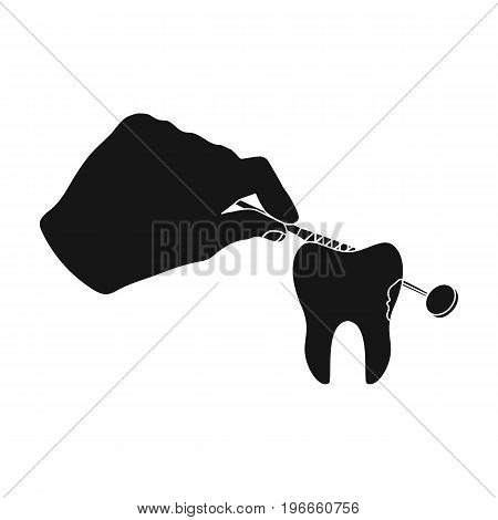 Manipulation, gesture of the hand of the dentist with the instrument over the damaged tooth. Stomatology single icon in black style vector symbol stock illustration .