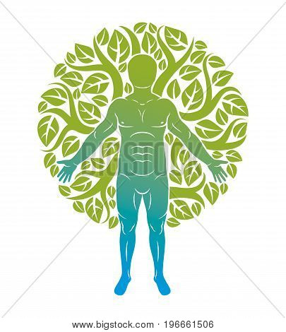 Vector graphic illustration of human individuality surrounded by eco green leaves. Vegetarian theme vegan lifestyle.