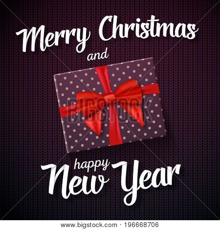 Illustration of Marry Christmas Greeting Card. Vector Realistic Gift Box with Red Ribbon on Kneeted Pattern with Marry Christmas and Happy New Year Paper Lettering