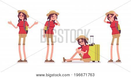 Tourist woman negative emotions set. Lady sad with delayed flight, forgetting passport, trip problems or mishaps, language barrier. Vector flat style cartoon illustration, isolated, white background