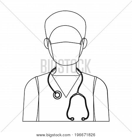 The doctor is wearing a face mask with a phonendoscope. Medicine single icon in outline style vector symbol stock illustration .