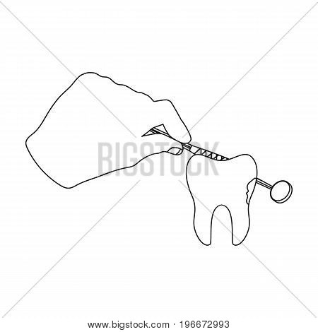 Manipulation, gesture of the hand of the dentist with the instrument over the damaged tooth. Stomatology single icon in outline style vector symbol stock illustration .