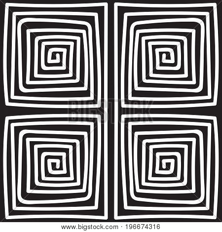Seamless monochrome hand drawn meander pattern on black background. Design for background, paper packaging, wrapping paper. Vector illustration.
