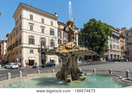 ROME, ITALY - JUNE 22, 2017: Amazing view of Triton Fountain at Piazza Barberini in Rome, Italy