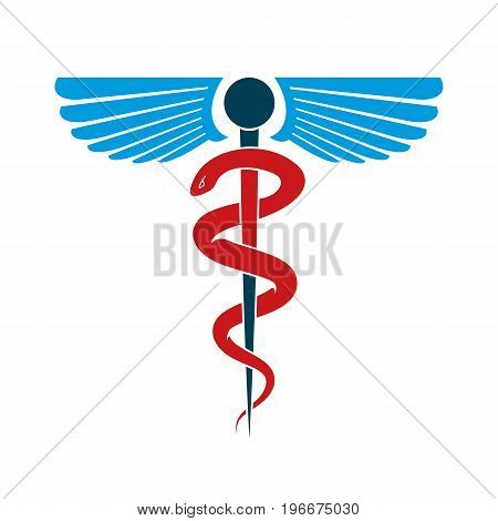 Aesculapius vector abstract emblem composed using wings and snakes best for used in pharmacy advertisement.