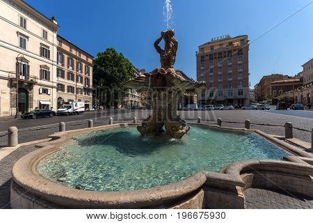 ROME, ITALY - JUNE 22, 2017: Amazing view of Triton Fountain at Piazza Barberini in Rome, Italy