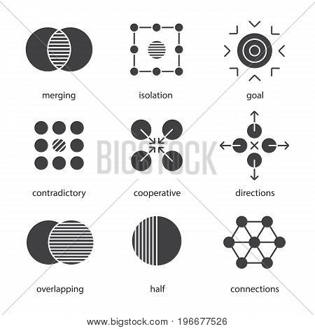 Abstract symbols glyph icons set. Silhouette symbols. Merging, isolation, goal, contradictory, cooperative, directions, overlapping, half, connections concepts. Vector isolated illustration