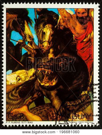 Moscow Russia - July 23 2017: A stamp printed in Paraguay shows painting Hippopotamus hunt by Rubens (detail) series 