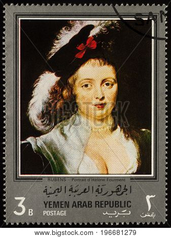 Moscow Russia - July 24 2017: A stamp printed in Yemen Arab Republic shows Portrait of Helene Fourment by Rubens (his second wife) series 