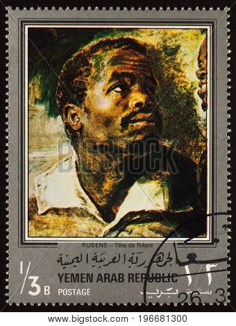 Moscow Russia - July 24 2017: A stamp printed in Yemen Arab Republic shows painting Negro head by Rubens series 