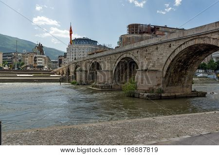 SKOPJE, REPUBLIC OF MACEDONIA - 13 MAY 2017: Skopje City Center, Old Stone Bridge and Vardar River, Republic of Macedonia