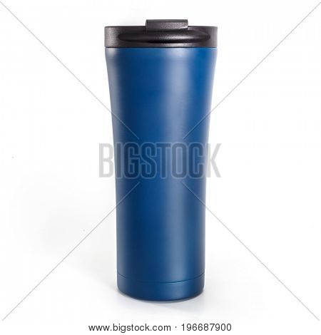 Modern coffee tumbler thermos isolated on white background