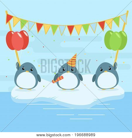 Cartoon Illustration Of Three Cute Penguins With Balloons And Falgs On Ice Floe. Flat Design For Chi