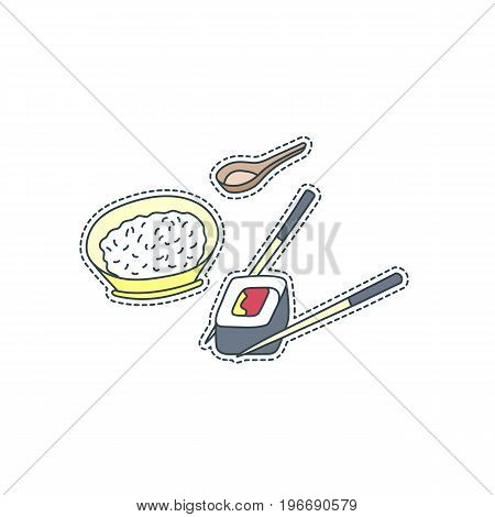 Hand drawn patch badge with Japan symbol - food rice and sushi. Sticker, pin and patch in cartoon 80s-90s comic style.