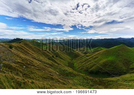 Beautiful scenery of mountains along the way on Whanganui river road in National Park in Autumn Whanganui North Island of New Zealand
