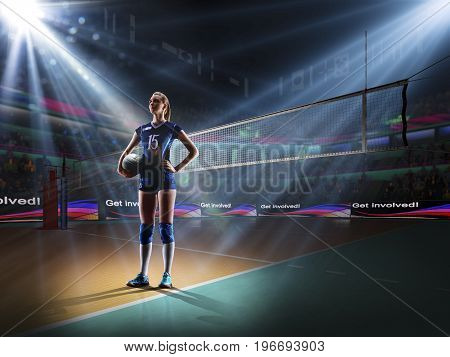 Female professional volleyball player on grand court in hilights