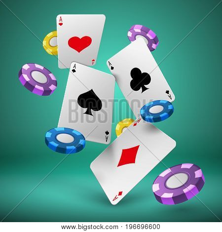 Falling playing cards and poker chips gambling background. Casino success game 3d vector concept. Chip for poker game and play card illustration