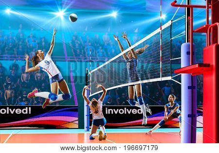 Female professional volleyball players on grand court in hilights