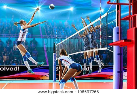 Female professional volleyball players on grand court in hilights