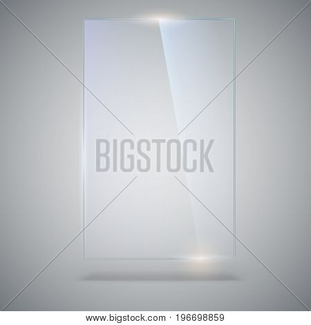 Blank, transparent vector glass plate. Vector template, vertical banner with copy-space. Photo realistic texture with highlights and glow on the background. See through the plastic, 3D illustration.