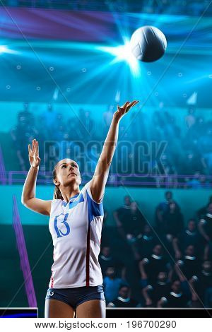Female professional volleyball players on grand court in hilights