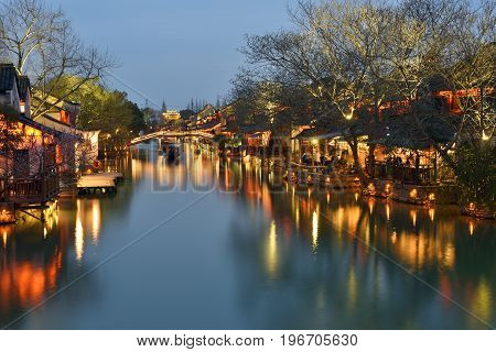 Night scene of Wuzhen. Wuzhen - historic scenic town part of Tongxiang located in northern Zhejiang Province China