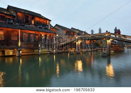 WUZHEN CHINA - MARCH 24: Night scene of Wuzhen on March 24 2016 in Wuzhen China. Wuzhen is a historic scenic town located in northern Zhejiang Province China