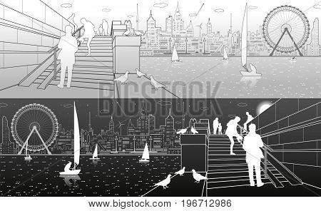 Stairs on the river embankment, people on steps. Yachts on the water. Doves are sitting on parapet. Evening city on the background. Ferris wheel. vector design art