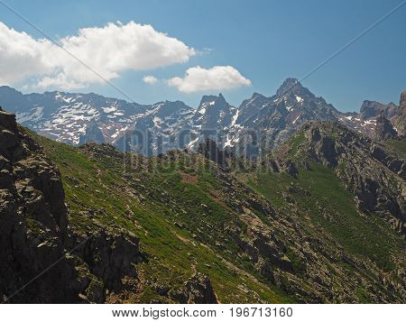 Green Ridge With Snow Spotted Mountains Background And A Blue Sky