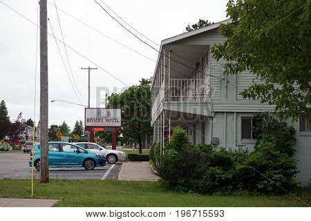 MACKINAW CITY, MICHIGAN / UNITED STATES - JUNE 18, 2017: The Riviera Motel offers lodging, close to the Mackinac Bridge, in Mackinaw City.