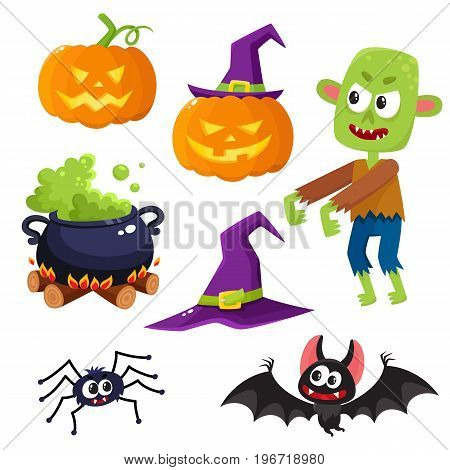 Halloween set - pointed hat, caldron, jack o lantern, spider, bat, zombie, decoration elements, cartoon vector illustration isolated on white background. Set of cartoon Halloween objects, decorations