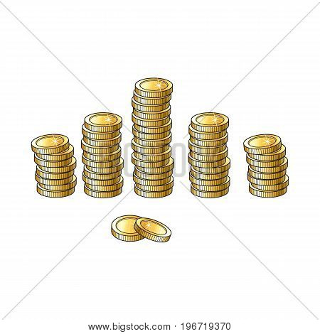 Set of shiny gold coins in tall and short stakcs, piles, sketch vector illustration isolated on white background. Realistic hand drawing of stacks of blank, unlabeled golden coins