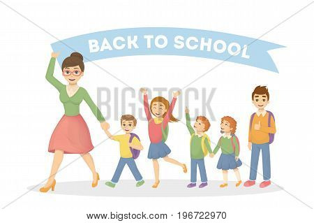 Back to school. Teacher with pupils holds the sign Back to school.