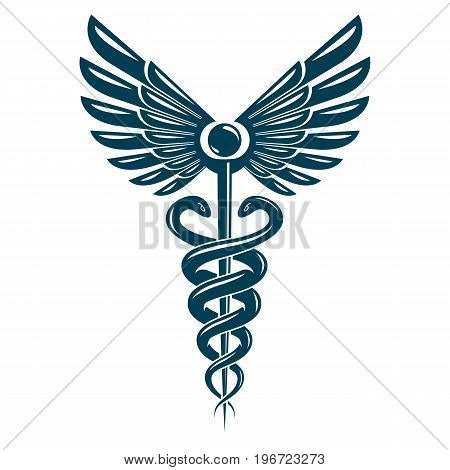Aesculapius vector abstract emblem composed using wings and snakes best for used in pharmacy advertisement.