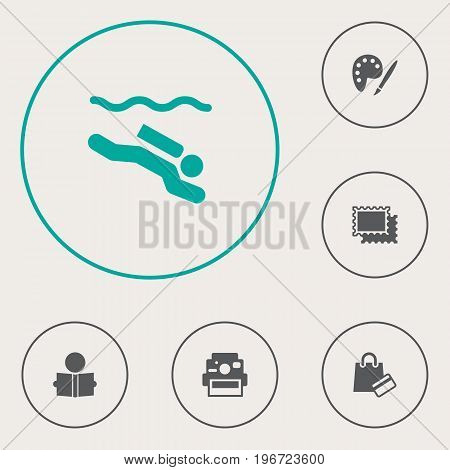 Collection Of Photo Camera, Payment, Frogman And Other Elements.  Set Of 6 Entertainment Icons Set.