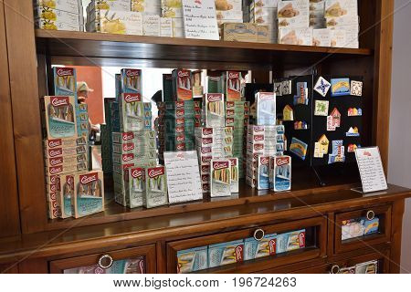 AVEIRO PORTUGAL - JUNE 10 2017: Container of sardines in olive oil in Aveiro shop. Aveiro is popular tourists destination also known as Venice of Portugal.