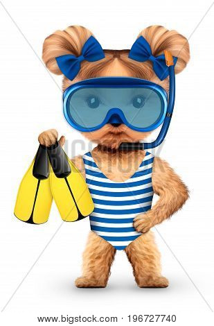 Funny animal in diving mask holding swimfin. Concept summer holidays, travel vacation concept. Realistic 3D illustration.