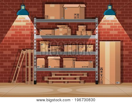 Pile cardboard boxes on warhouse shelves. Carton delivery packaging open and closed box with fragile signs. Brick wall and lamp. Vector illustration in flat style